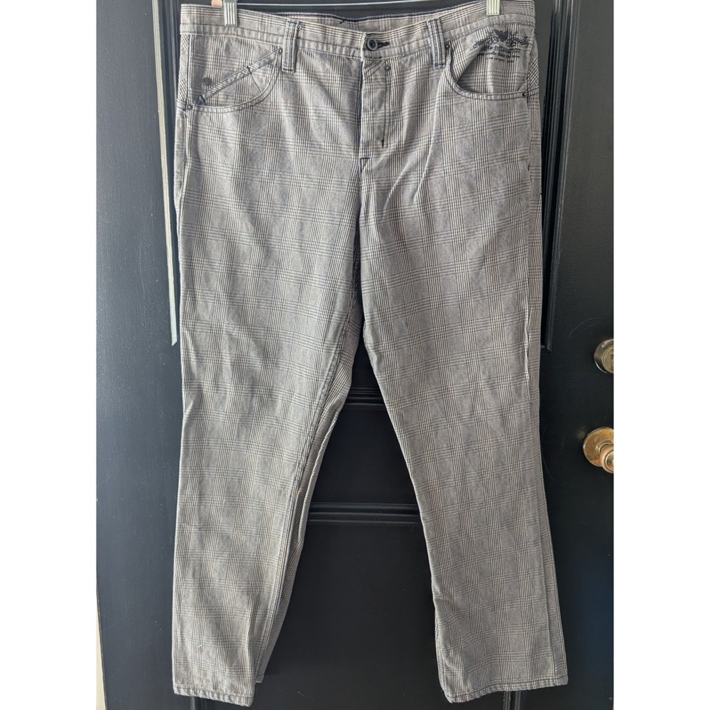 Y2K Hurley Black‎ Gray Plaid Pants Denim Mens Sz 36 Button Fly Skate Punk Grunge